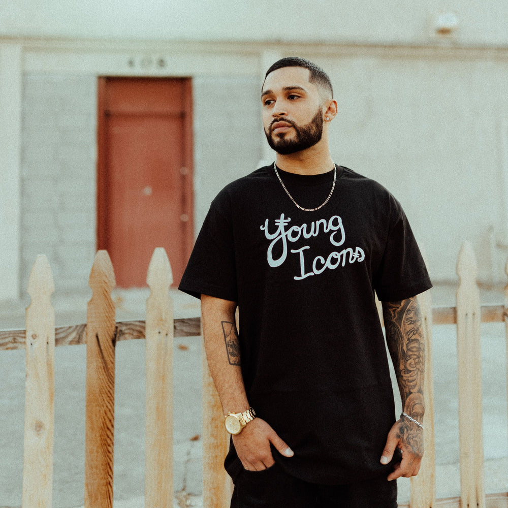 wearing a young icons t-shirt