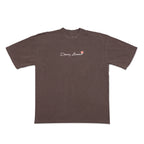 Brown t-shirt with a logo on a white background