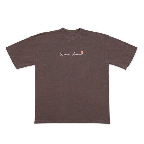 Brown t-shirt with a logo on a white background