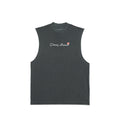 vintage washed cutoff tee with white donnez l'amour logo on it
