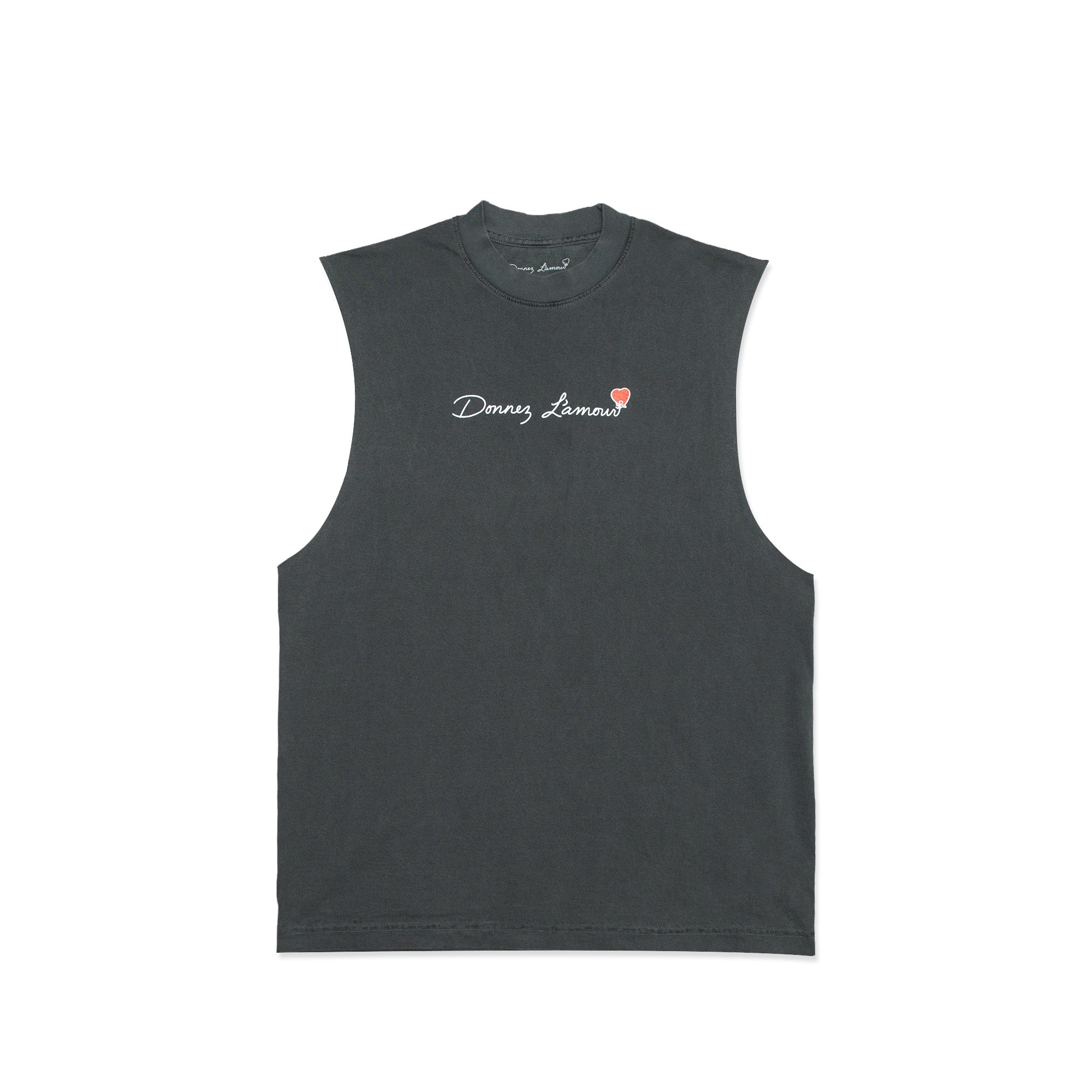 vintage washed cutoff tee with white donnez l'amour logo on it