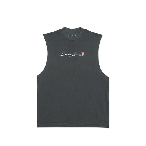 vintage washed cutoff tee with white donnez l'amour logo on it