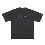 Black t-shirt with a logo on a white background