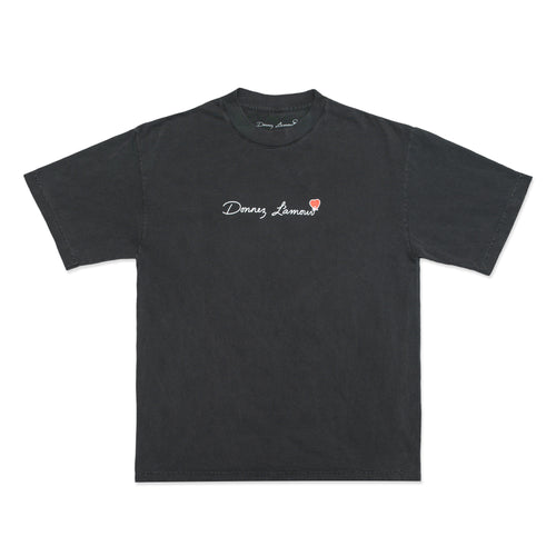 Black t-shirt with a logo on a white background